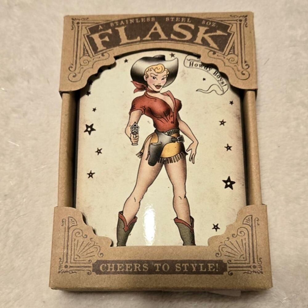 8oz. TRIXIE & MILO 'Howdy Boys' Stainless Steel Retro Tattoo Art Cowgirl Flask